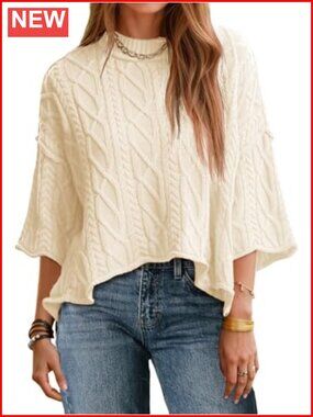 Womens Cable Knit Cropped Sweater Oversize 3/4 Sleeve Pullover